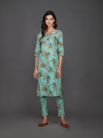 Turquoise cotton floral printed straight kurta set