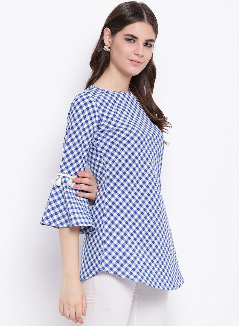 Handloom cotton blue and white bias cut tunic with tassles-Tunic-Fabnest