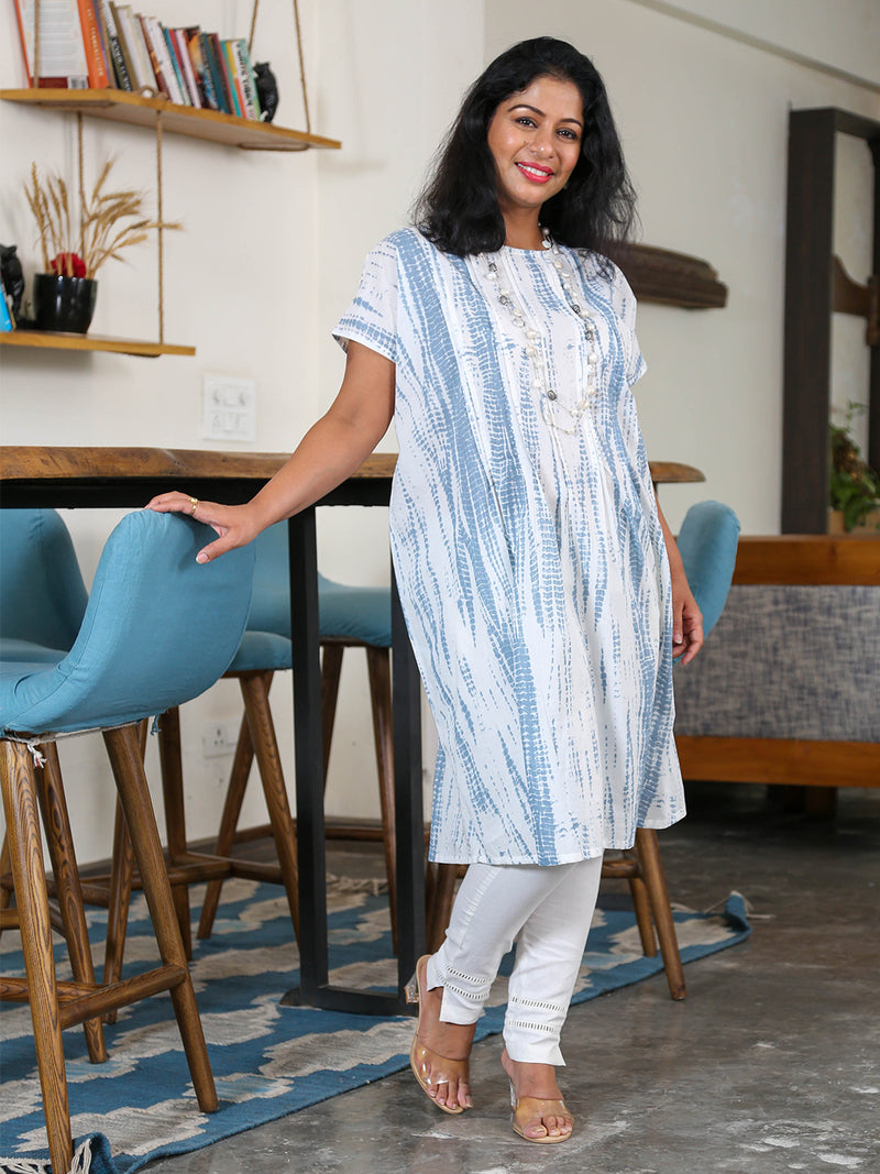 Set Of Kaftan Style Free Size Kurta With Pintucks At Yoke In Grey Shibori Printed Cotton And White Cotton Straight Pants With Lace Inserts