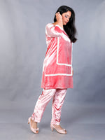Rose pink velvet short kurta with lace embellishment and matching straight pants, Set of 2.