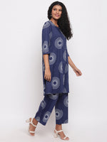 Womens Indigo Cotton Printed Aline Kurta With Straight Cotton Printed Straight Pants