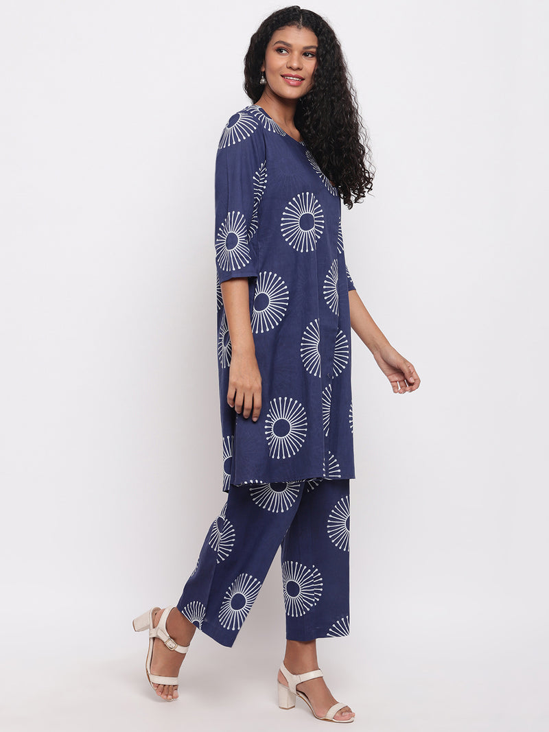 Womens Indigo Cotton Printed Aline Kurta With Straight Cotton Printed Straight Pants