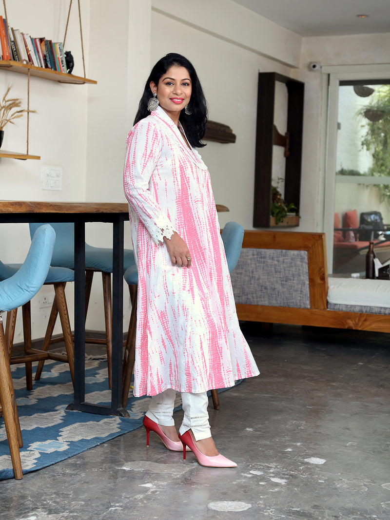 Set Of Pink Cotton Shibori V-Neck Kurta With Lace At Neck And White Cotton Straight Pants With Lace Inserts