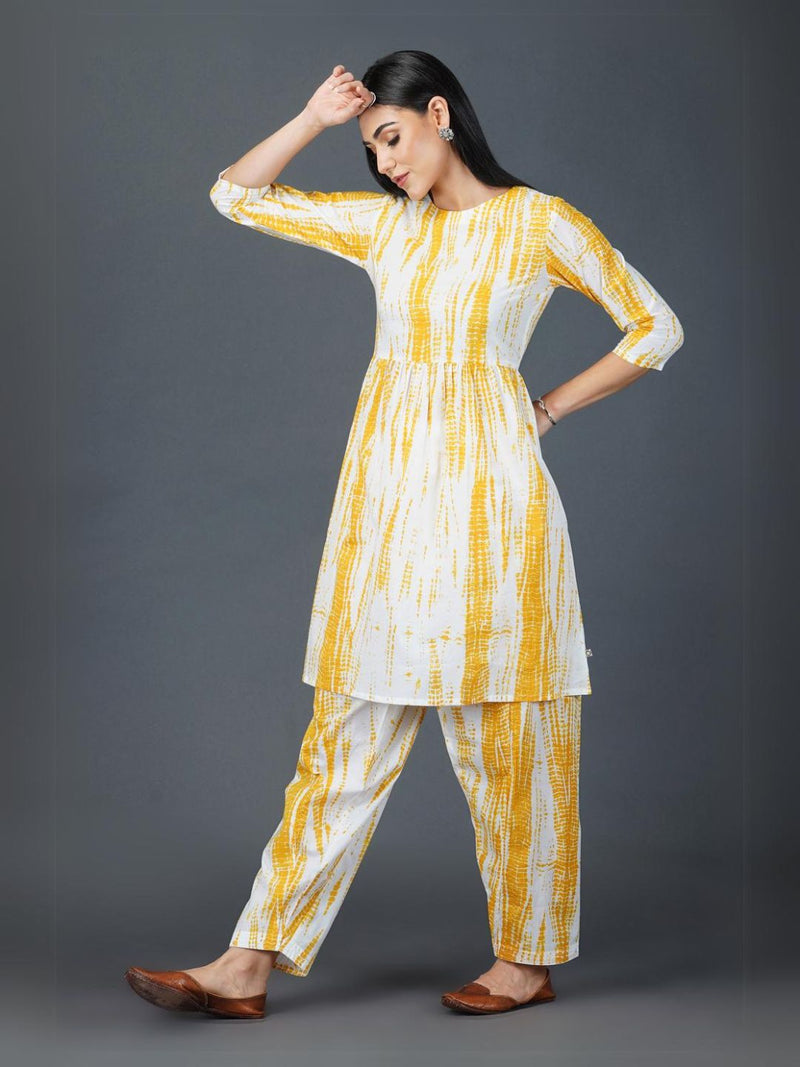 Womens Yellow Shiibori Print Salwar And Kurta Set