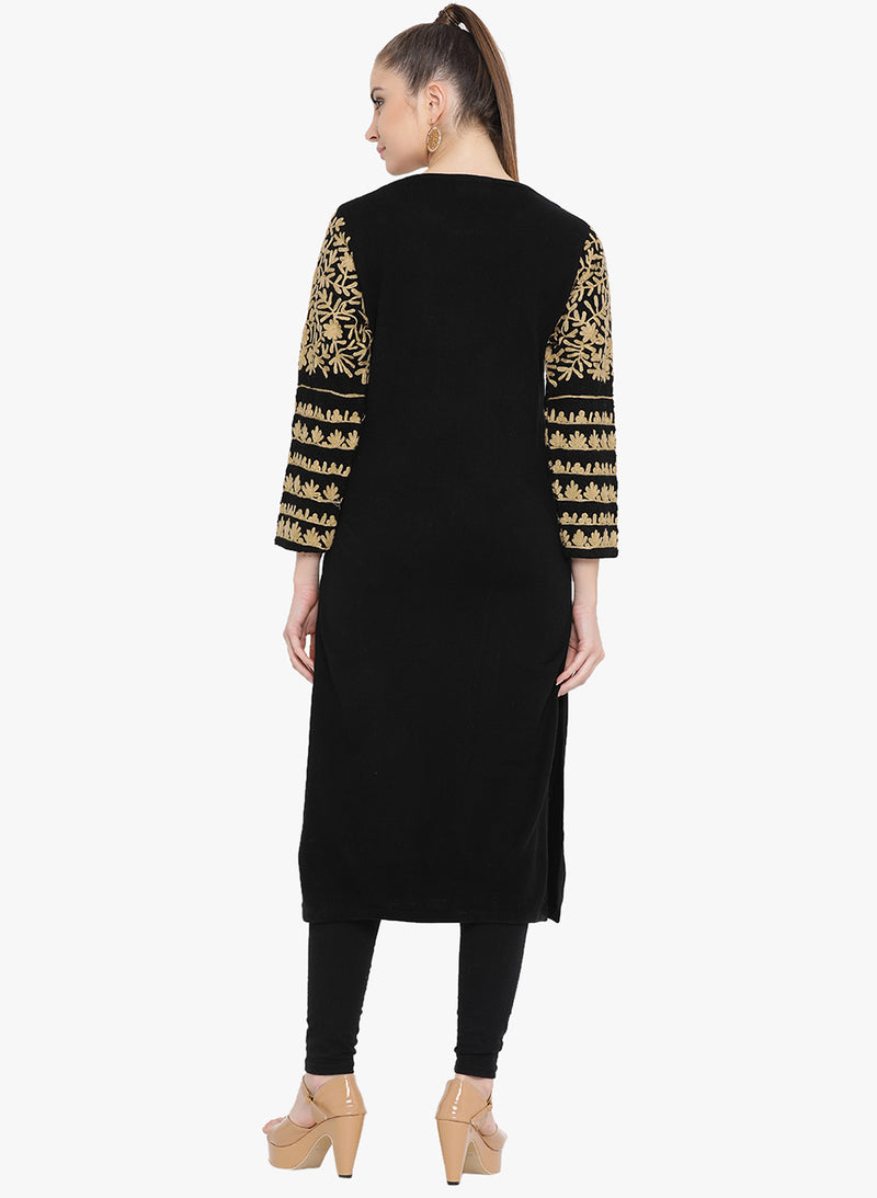 Fabnest womens black acrylic woolen kurta with embroidery