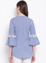 Handloom cotton blue and white bias cut tunic with tassles-Tunic-Fabnest