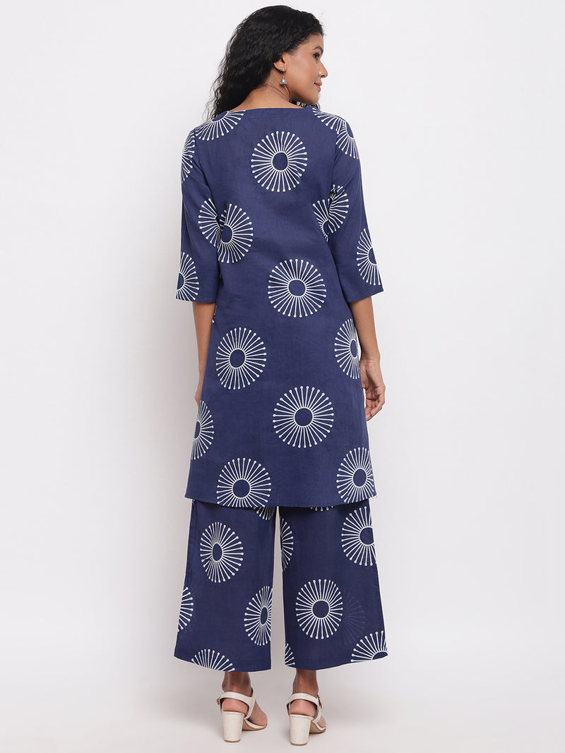 Womens Indigo Cotton Printed Aline Kurta With Straight Cotton Printed Straight Pants