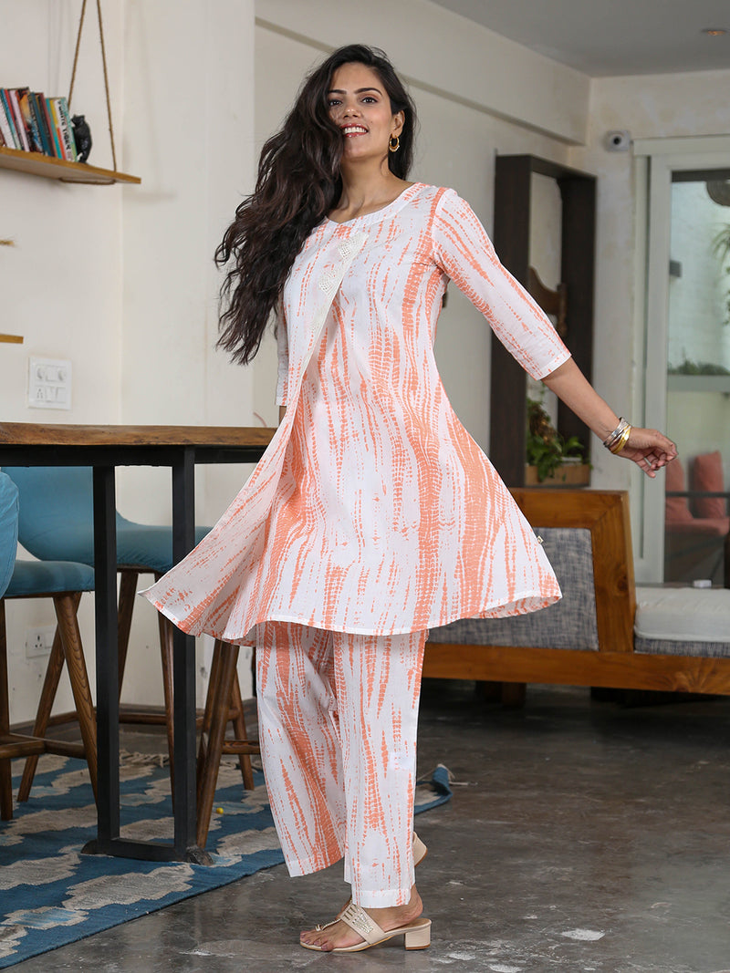 Coord Set Of Orange Shibori Printed A-Line Kurta With Lace Details And Straight Pants