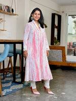 Set Of Pink Cotton Shibori V-Neck Kurta With Lace At Neck And White Cotton Straight Pants With Lace Inserts