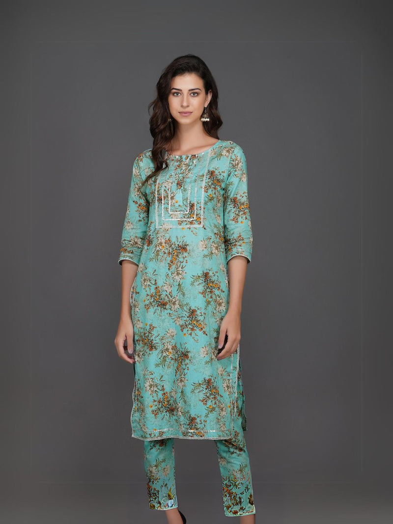 Turquoise cotton floral printed with silver gota and lace inserts straight kurta ONLY