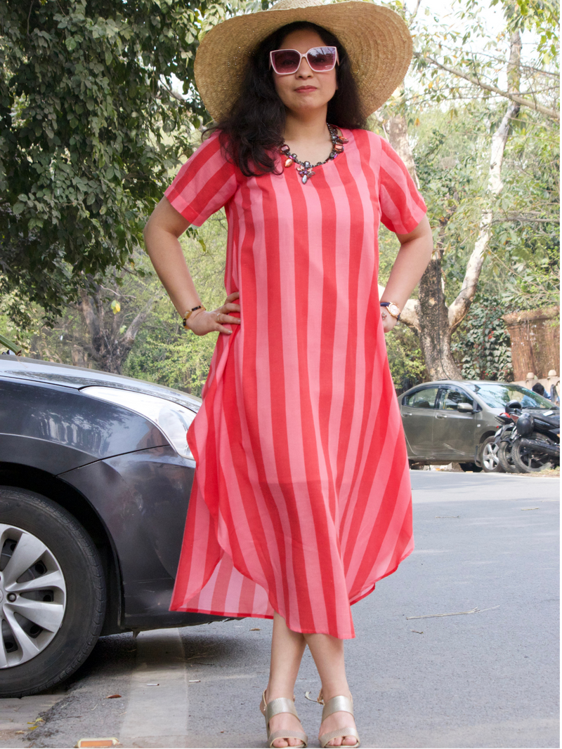 Asymmetrical dress in red and pink stripe cotton blend