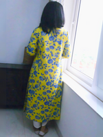 Floral printed yellow cotton V-neck kurta set with gathers