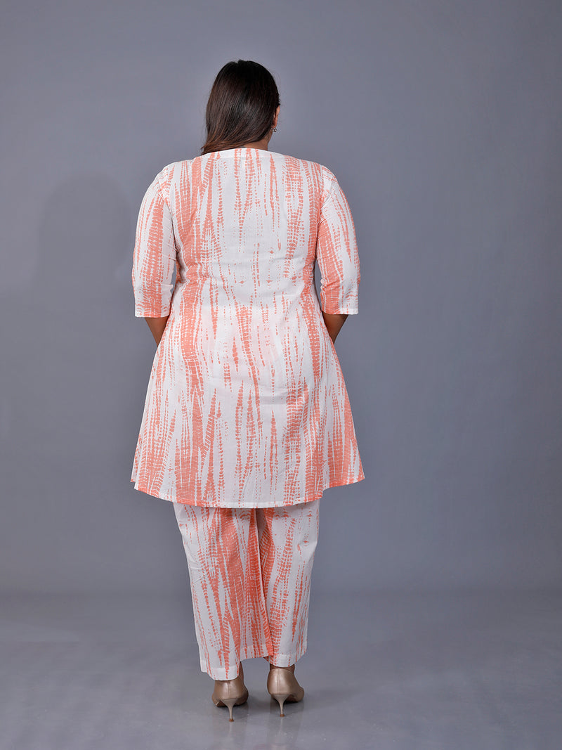 Fabnest Curve  Coord Set Of Orange Shibori Printed A-Line Kurta With Lace Details And Straight Pants
