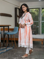 Orange Shibori Print Loose Fit Kurta Only With Pleats On The Sides Detailed With A Broad Lace At The Bottom Hem And Sleeve
