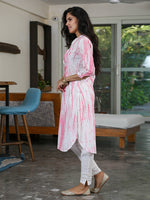 Set Of Cotton Pink Shibori Printed Straight Kurta With Lace At Front Placket And White Cotton Straight Pants With Lace Inserts