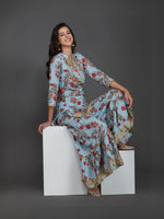 Light blue floral printed with gold lace inserts kurta ONLY