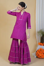 Pink linen cotton self design lurex short kurta and sharara set with gota work