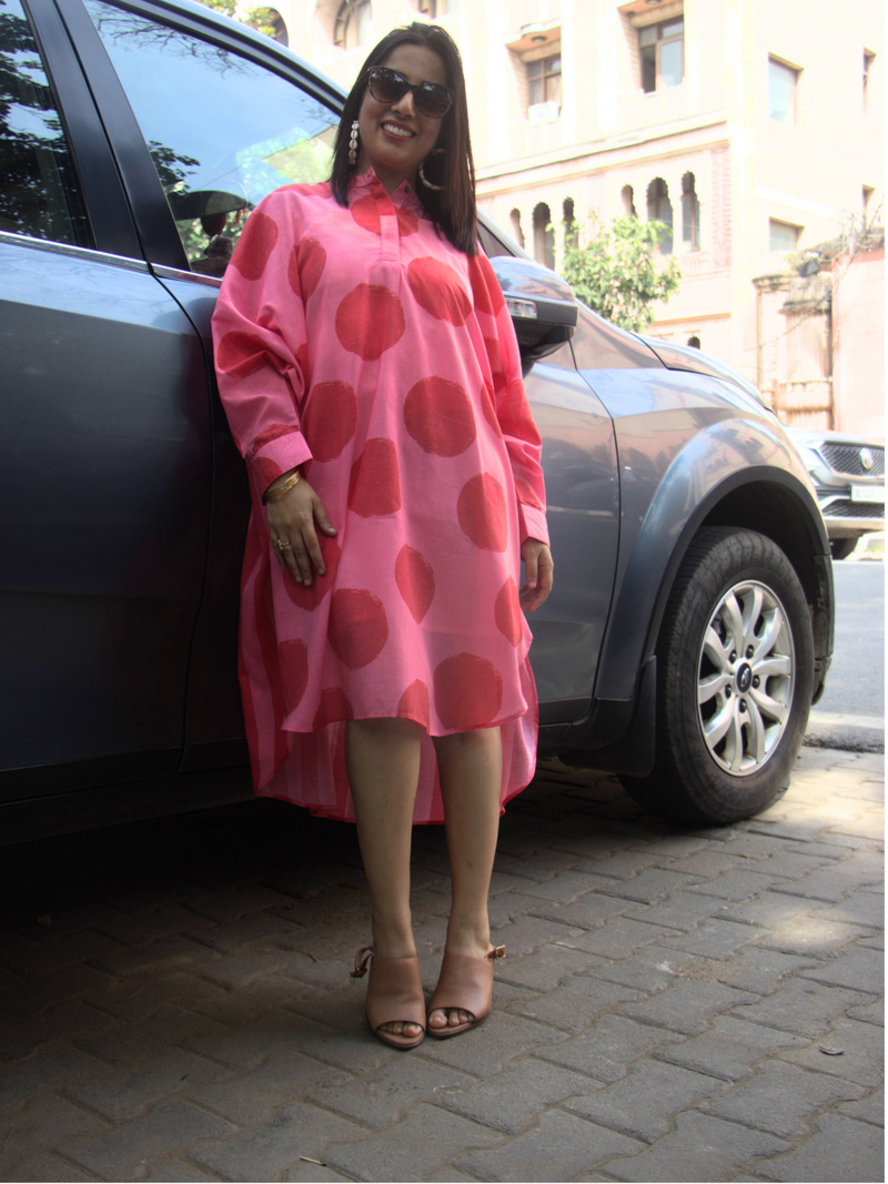 Loose fit kurta/tunic/dress in pink and red polka and stripes combo