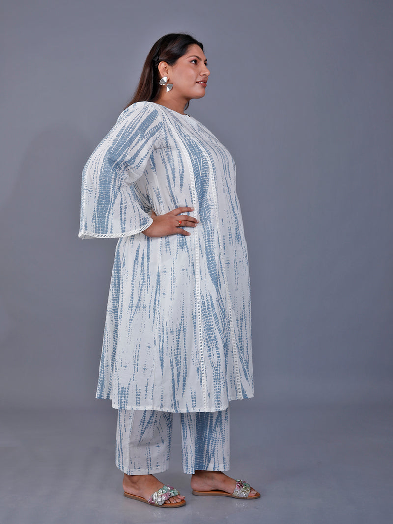 Fabnest  Curve Set Of Grey Shibori Printed Kali Kurta Paired With Loose Fit Straight Pants