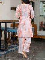 Coord Set Of Orange Shibori Printed A-Line Kurta With Lace Details And Straight Pants