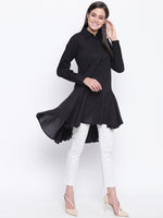 Womens black cotton full sleeves assymetrical top with godets