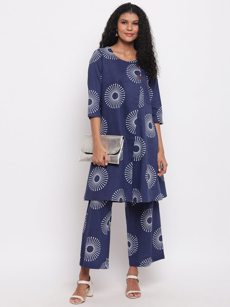 Womens Indigo Cotton Printed Aline Kurta With Straight Cotton Printed Straight Pants