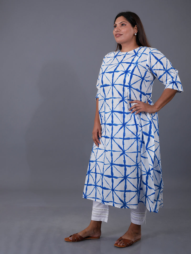 Fabnest Curve Womens Blue Shibori Print With Two Inverted Pleats And Sleeve With Cuffs Kurta ONLY