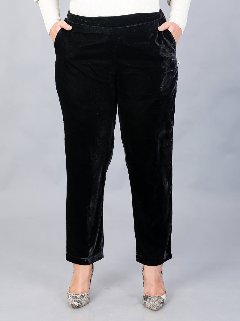 Black velvet Aline kurta with pockets and gota embellishment with matching straight pants. Set of 2.