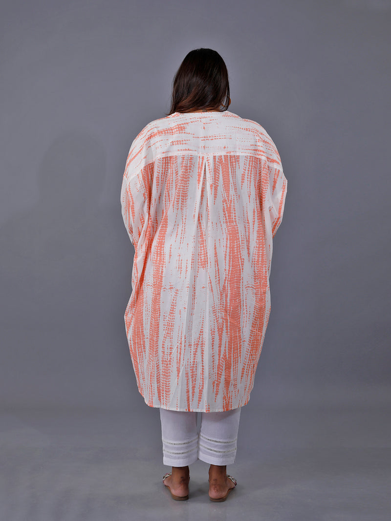 Fabnest Curve Set Of Orange Shibori Printed Loose Fit Tunic And White Cotton Straight Pants With Lace Inserts