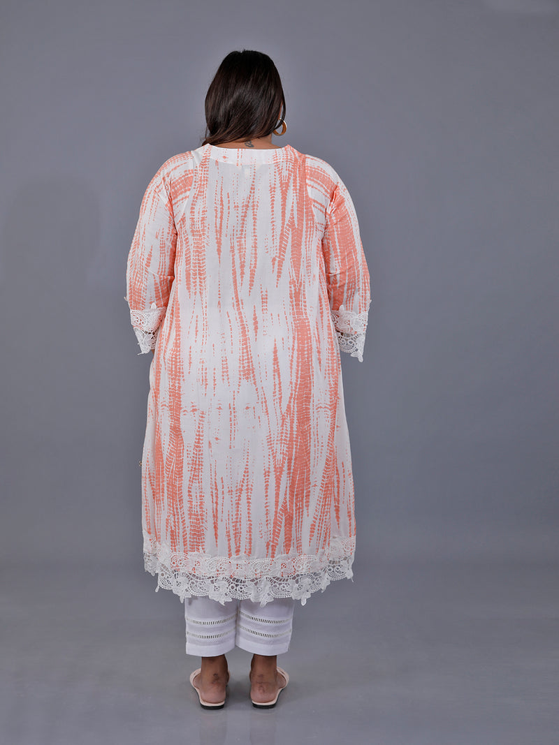 Fabnest Curve Set Of Orange Shibori Print Loose Fit Kurta With Pleats On The Sides Detailed With A Broad Lace At The Bottom Hem And Sleeve And White Cotton Straight Pants With Lace Inserts
