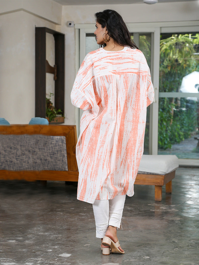 Set Of Orange Shibori Printed Loose Fit Tunic And White Cotton Straight Pants With Lace Inserts