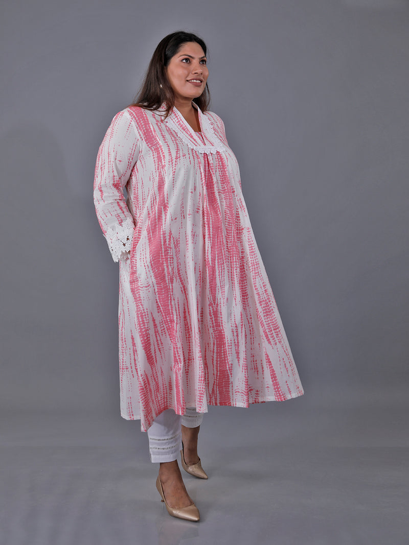 Fabnest Curve Set Of Pink Cotton Shibori V-Neck Kurta With Lace At Neck And White Cotton Straight Pants With Lace Inserts