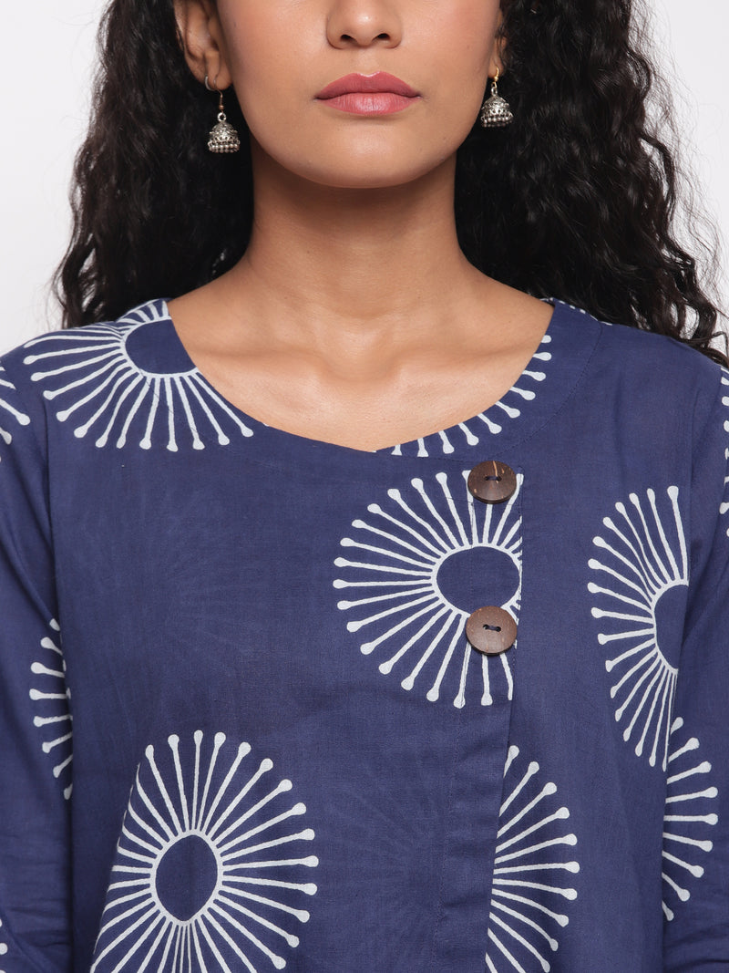 Womens Indigo Cotton Printed Aline Kurta With Straight Cotton Printed Straight Pants