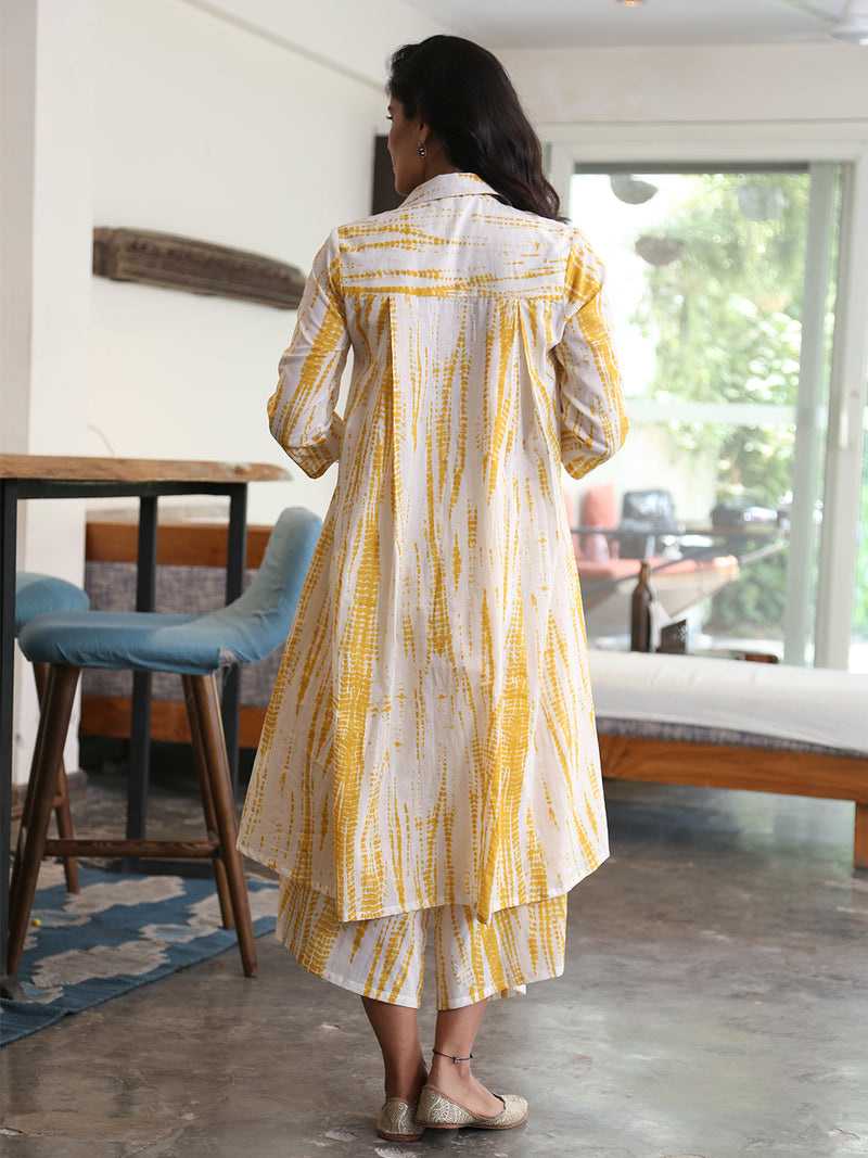 Coord Set Of Yellow Shibori Cotton Assymetrical Kurta With Matching Asymmetrical Pants
