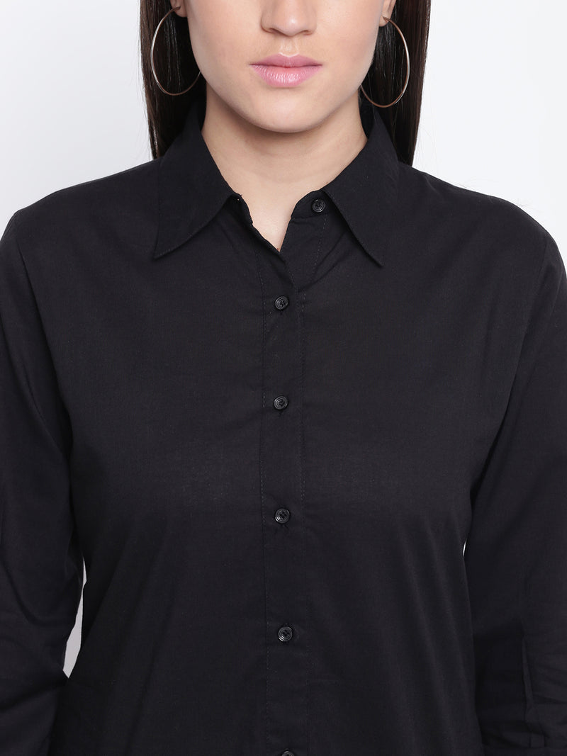 Womens black cotton full sleeves assymetrical top with godets