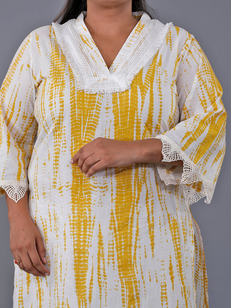 Fabnest Curve Set Of Yellow Shibori Printed Straight Cotton Kurta With Lace At Neck And Sleeve Hem And White Cotton Straight Pants With Lace Inserts