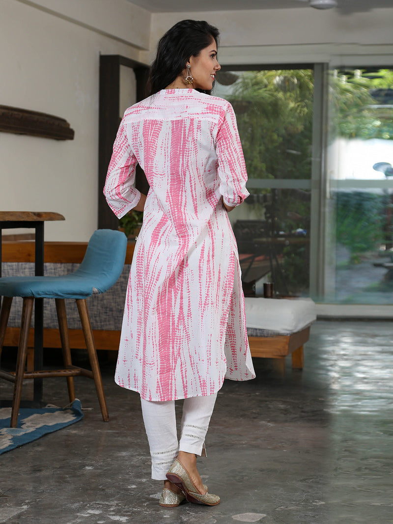 Cotton Pink Shibori Printed Straight Kurta Only With Lace At Front Placket