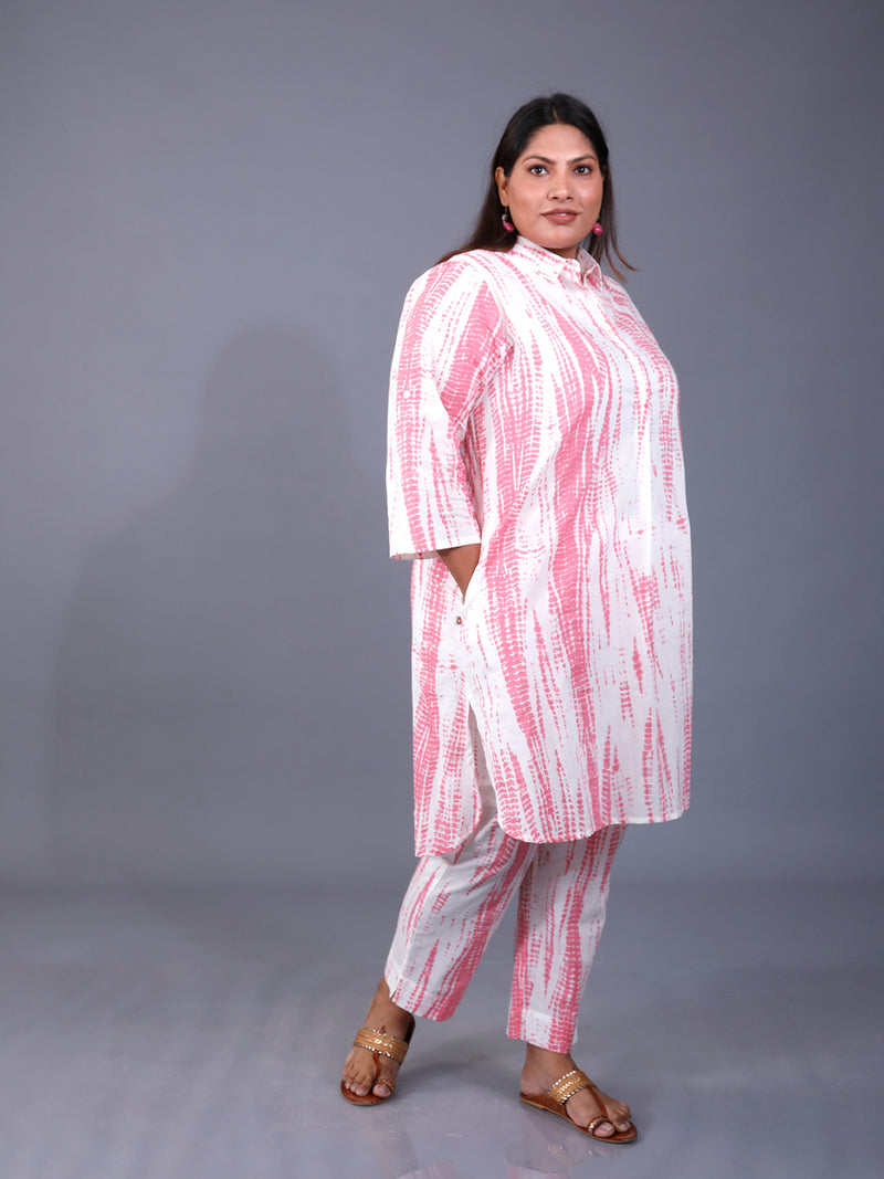 Fabnest Curve Coord Set Of Pink Cotton Shibori Printed Cotton Loose fit Kurta And Matching Pants