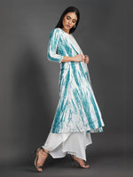 Cotton 3 pc Set of White Solid Kurta and Asymmetric Pant Full Set With Dark Turquoise Shibori Print Cape