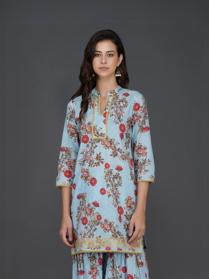 Light blue floral printed with gold lace inserts kurta ONLY