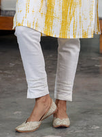 Set Of Yellow Shibori Printed Straight Cotton Kurta With Lace At Neck And Sleeve Hem And White Cotton Straight Pants With Lace Inserts