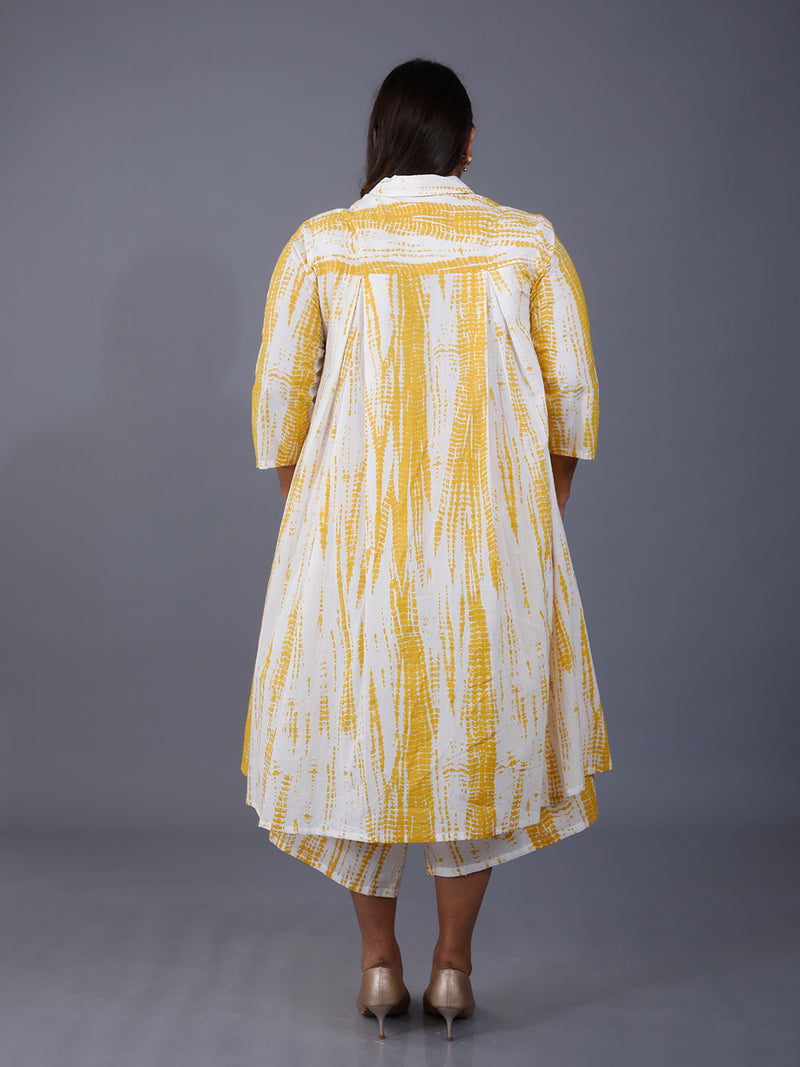 Fabnest Curve Coord Set Of Yellow Shibori Cotton Assymetrical Kurta With Matching Asymmetrical Pants