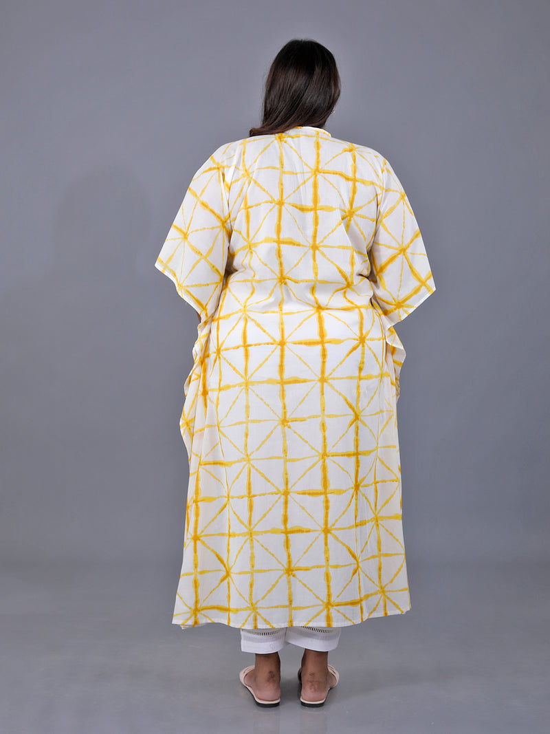 Cotton Yellow Shibori Print Kaftaan With Tie Up