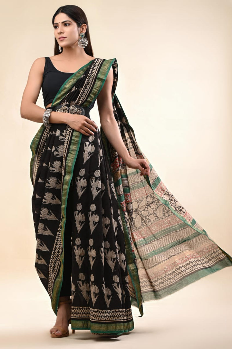 Black block printed maheshwari silk saree