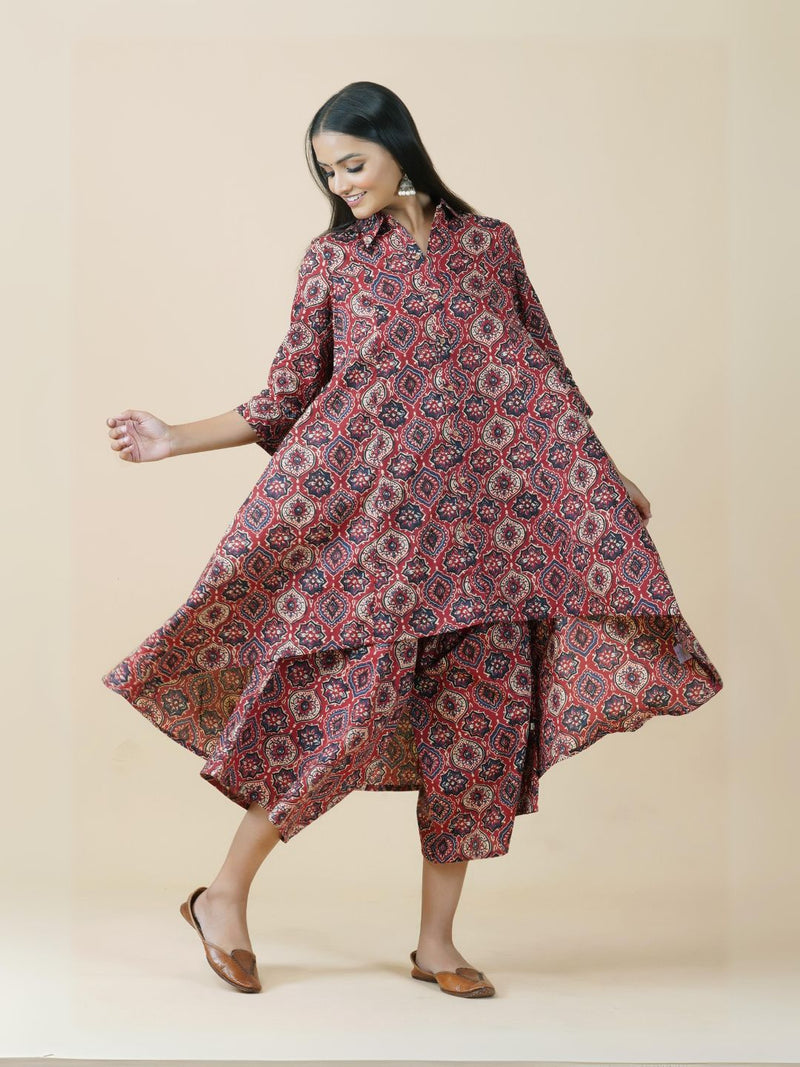 2pc set Cotton red ajrakh print asymmetrical kurta with pants