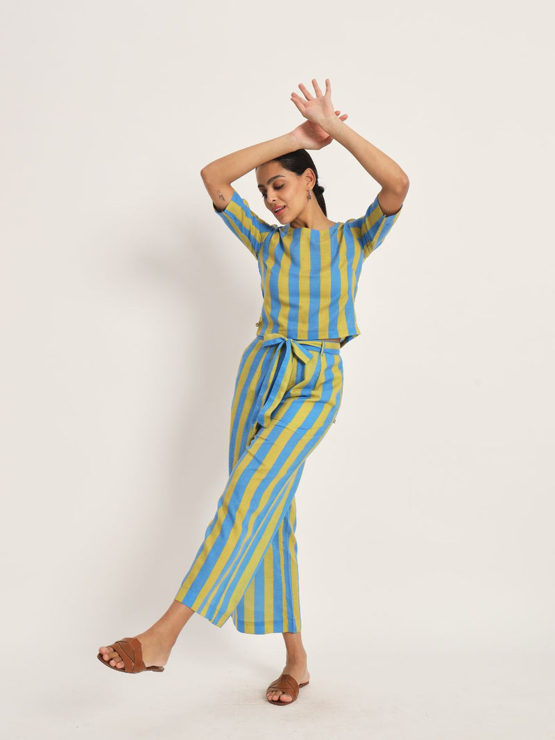 Green an blue stripe co-ord set of a cropped top and straight pants