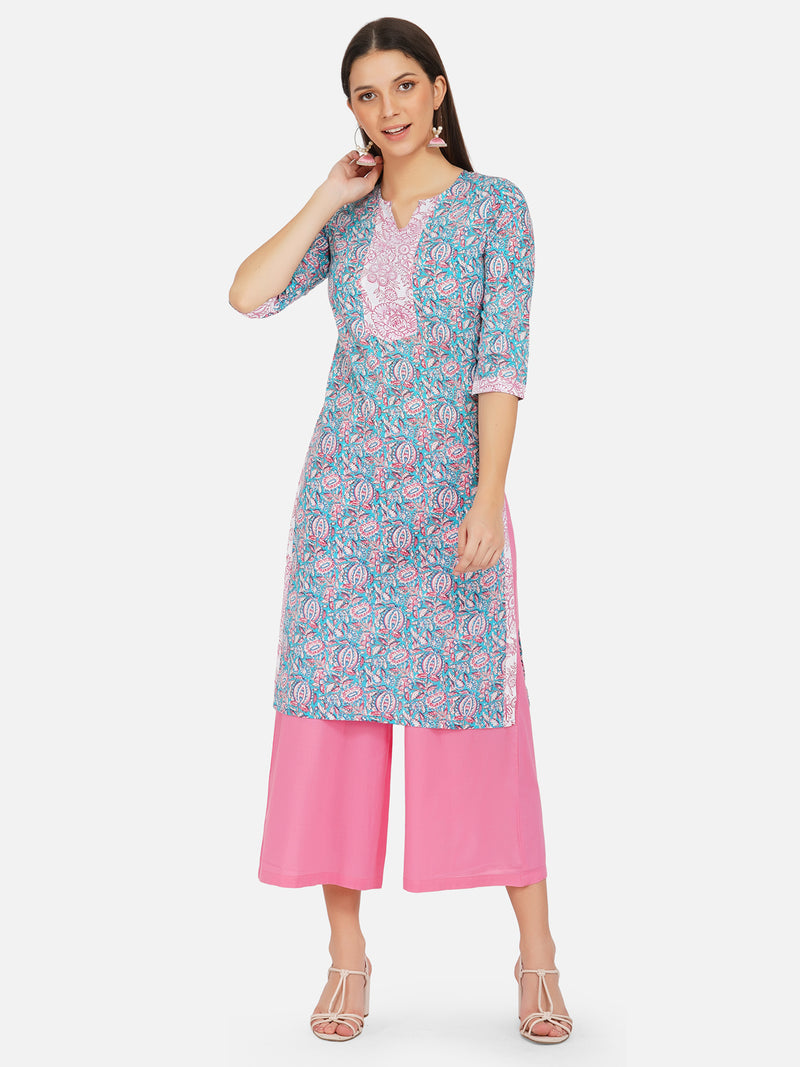 Hand blocked blue printed straight kurta with pink palazzo-Kurta Set-Fabnest