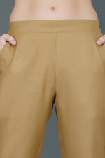 Set of winter mustard yellow overlap panel brocade embellished kurta and brown straight pants-Kurta Set-Fabnest
