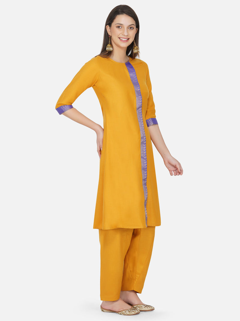 Mustard yellow overlap panel brocade embellished kurta and yellow straight pants-Kurta-Fabnest