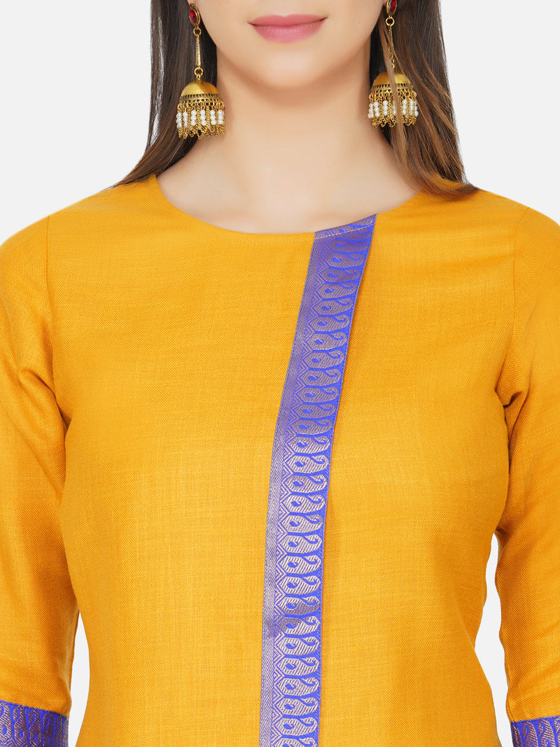 Mustard yellow overlap panel brocade embellished kurta and yellow straight pants-Kurta-Fabnest